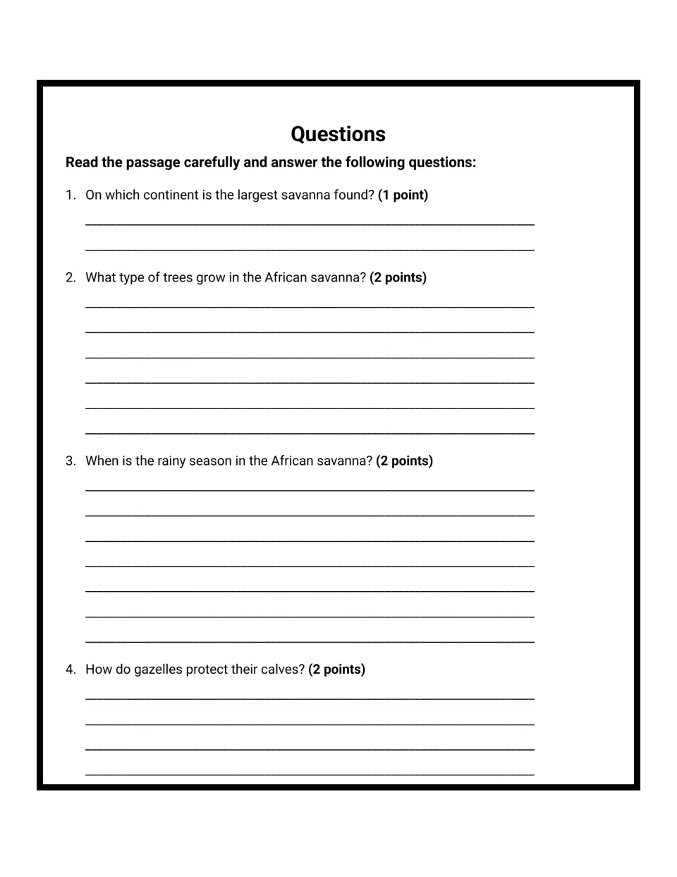 Comprehension questions 1-4: students write about the largest savanna's continent, trees, rainy season and gazelle calves