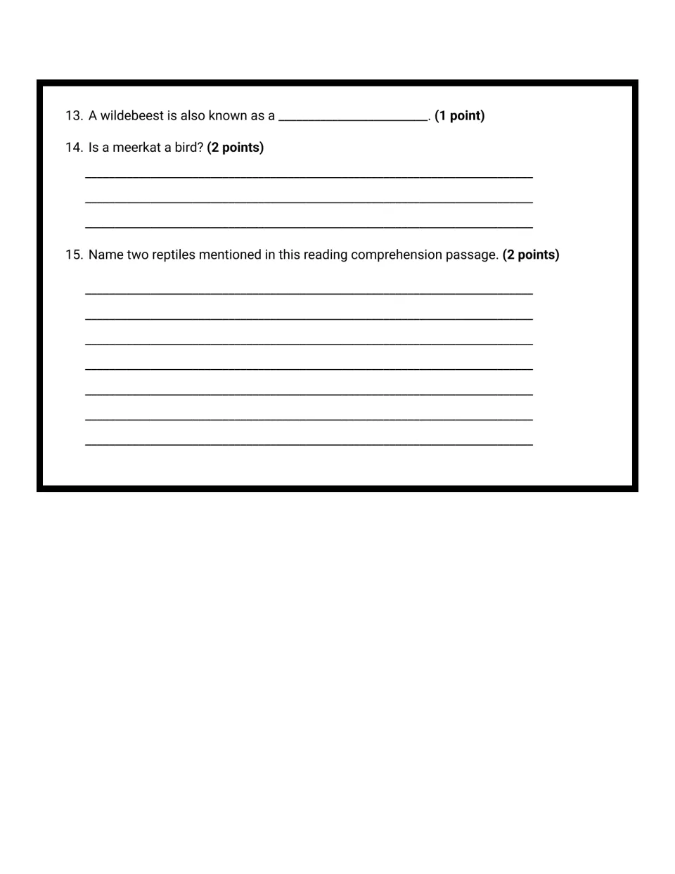 Questions 13-15: students fill in the wildebeest's other name, say if a meerkat is a bird and name two reptiles