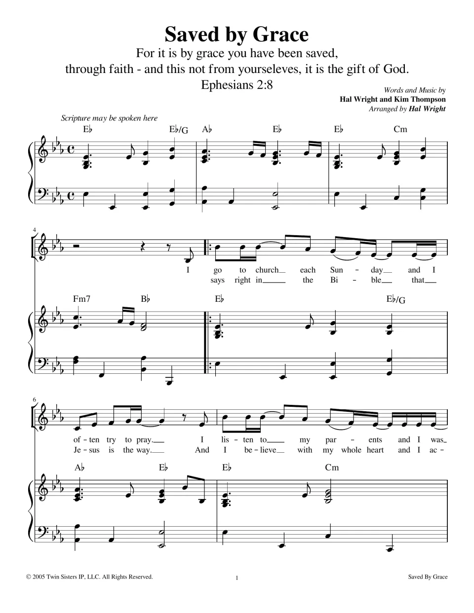 Saved by Grace opening on Ephesians 2:8: singers learn bars 1-7 of melody and lyrics over E-flat piano chords