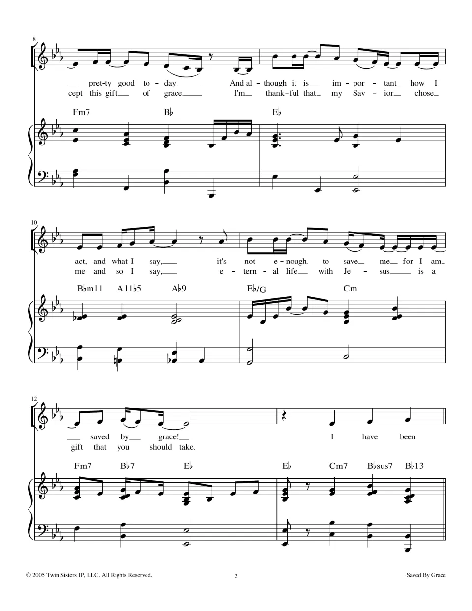 Verse bars 8-13: singers learn two lyric lines on accepting God's gift over chords like Bbm11, A11b5 and Bbsus7