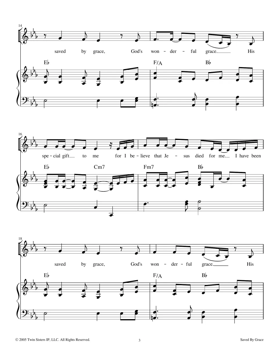 Chorus, bars 14-19: singers repeat 'God's wonderful grace' and 'Jesus died for me' over Eb, F/A and Bb chords