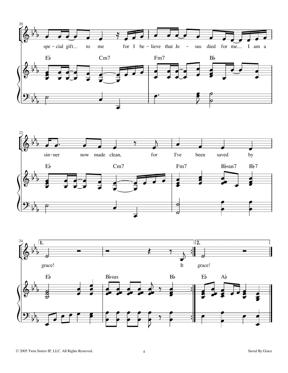 Song ending, bars 20-25: singers finish on 'I am a sinner now made clean', then follow first and second endings