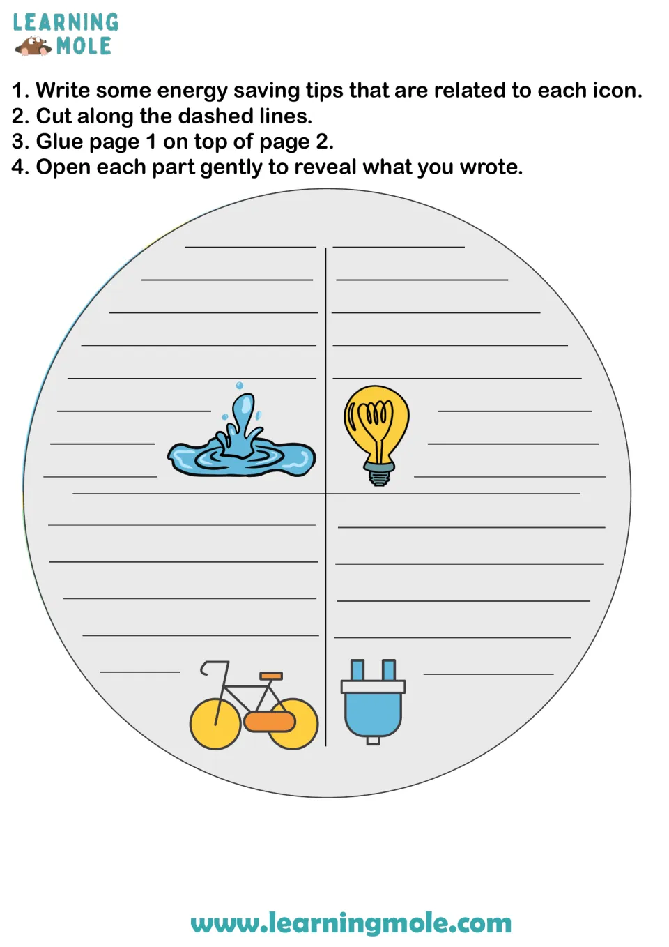 Energy saving tips: students write ideas beside water, light bulb, bike and plug icons, then glue the Earth flaps on top