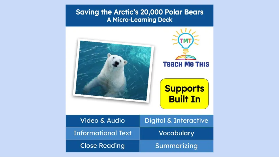 Micro-learning deck cover about saving 20,000 Arctic polar bears, with video, audio, and reading supports