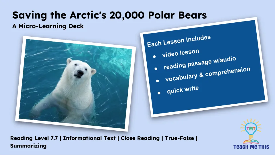 Lesson overview lists a video lesson, reading passage with audio, vocabulary and comprehension, and quick write