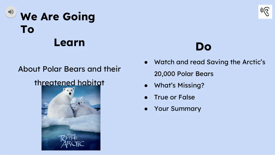 Learning goals introduce polar bears and their threatened habitat, followed by reading and practice tasks