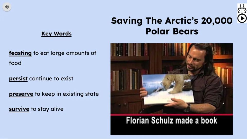 Vocabulary and video introduction defines feasting, persist, preserve, and survive beside a Florian Schulz still