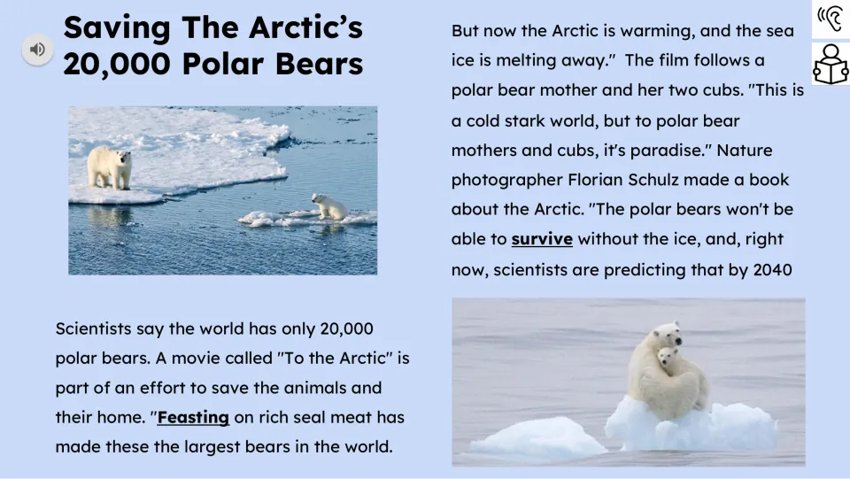 Reading passage, part 1, introduces 20,000 polar bears, the film To the Arctic, and threats from melting sea ice