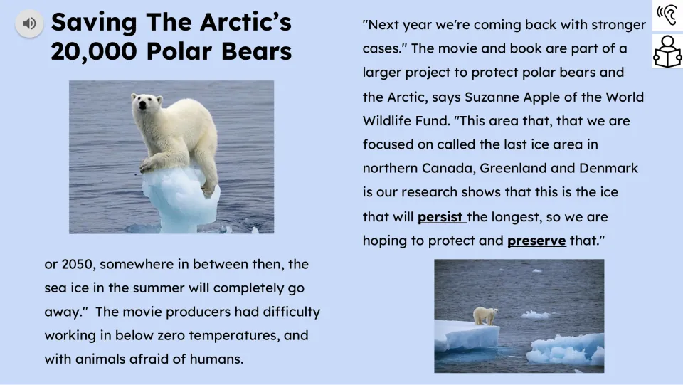 Reading passage, part 2, describes filming in below-zero temperatures and efforts to preserve the last ice area