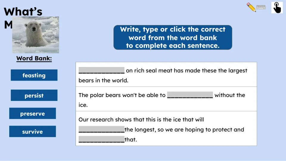 Missing-word activity uses feasting, persist, preserve, and survive to complete four blanks in passage excerpts