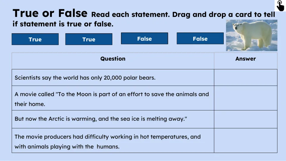 True-or-false activity checks four statements about polar bear numbers, the movie title, warming, and filming