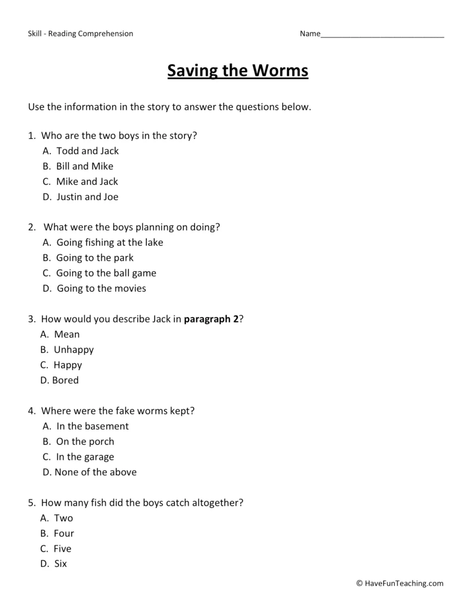 Five multiple-choice questions about the boys, their fishing plans, Jack's feelings, fake worms, and fish caught.
