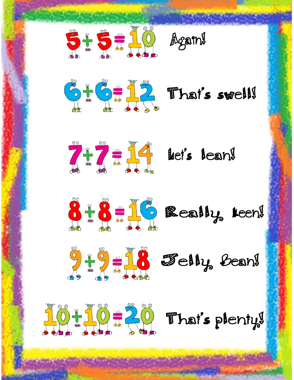 Doubles facts 5+5 through 10+10 continue the chant, each sum paired with a rhyme like That's swell! and Jelly Bean!