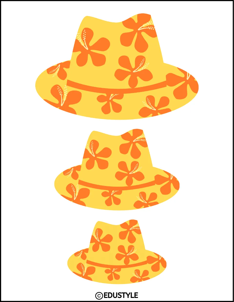 Three yellow hat cutouts with orange flowers in large, medium, and small sizes for the tropical decor kit