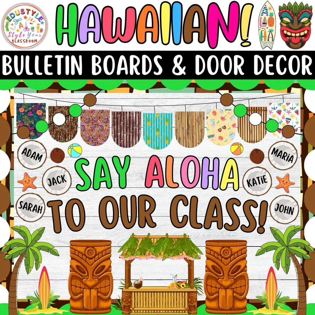 Say Aloha To Our Class! Hawaiian Bulletin Boards And Door Decor Kits – cover