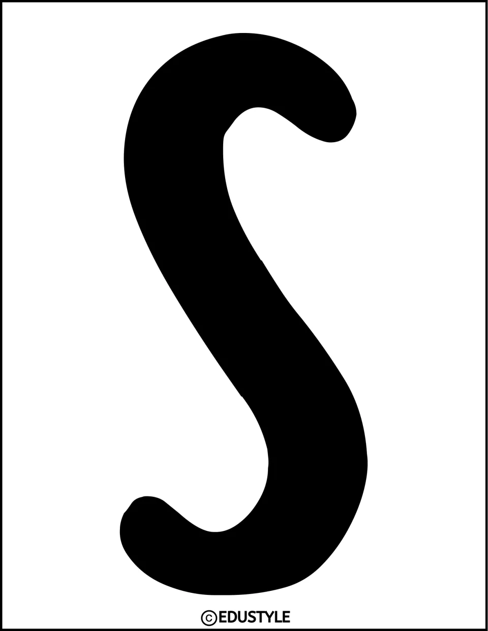 Cut-out S for a door title: a curvy bold black capital filling the page, to trace onto colored paper and trim