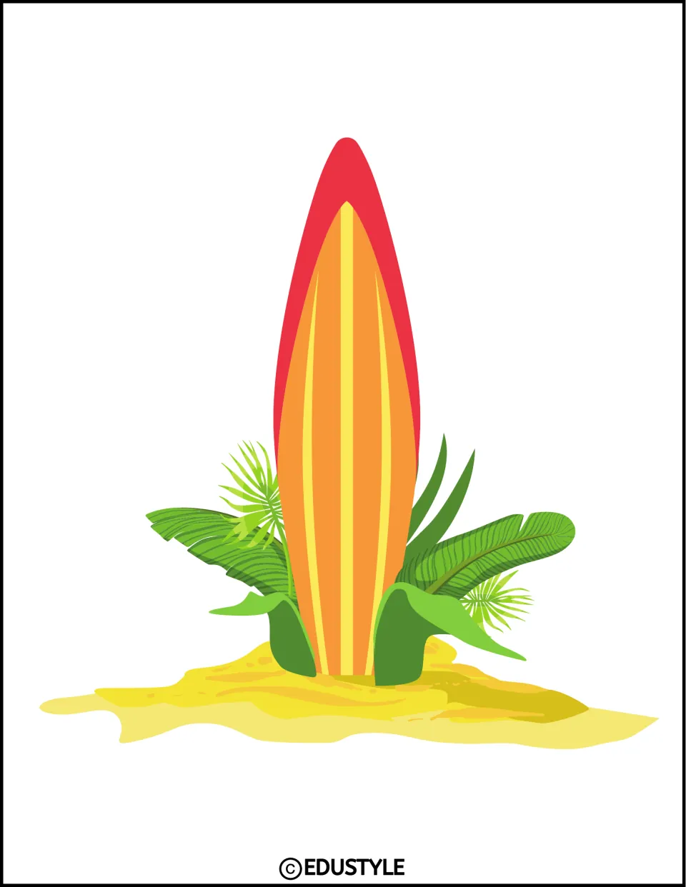Mirror-image surfboard cut-out: striped board upright in sand, leaves placed opposite to the other upright version