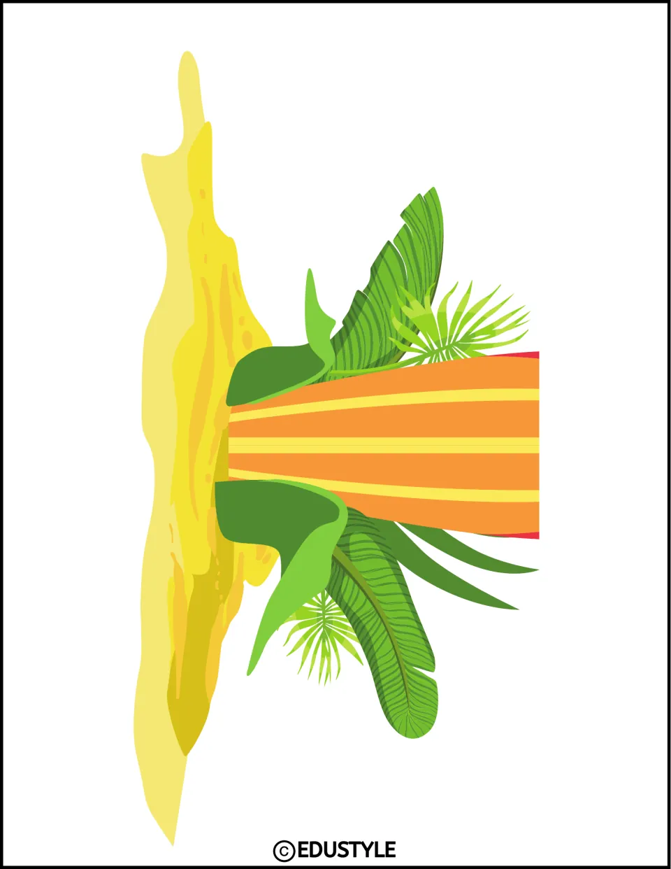 Sideways surfboard variant: horizontal striped board with leaves arranged opposite to the other rotated version