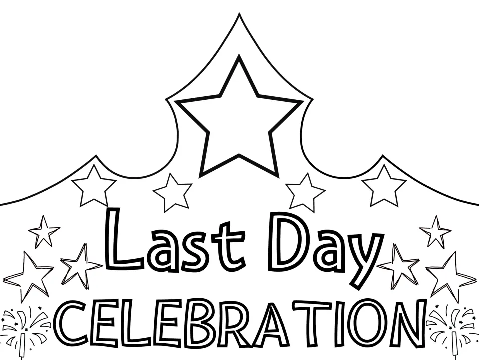 Last Day Celebration crown to color: students color the outlined stars, letters and fireworks, then cut out the crown