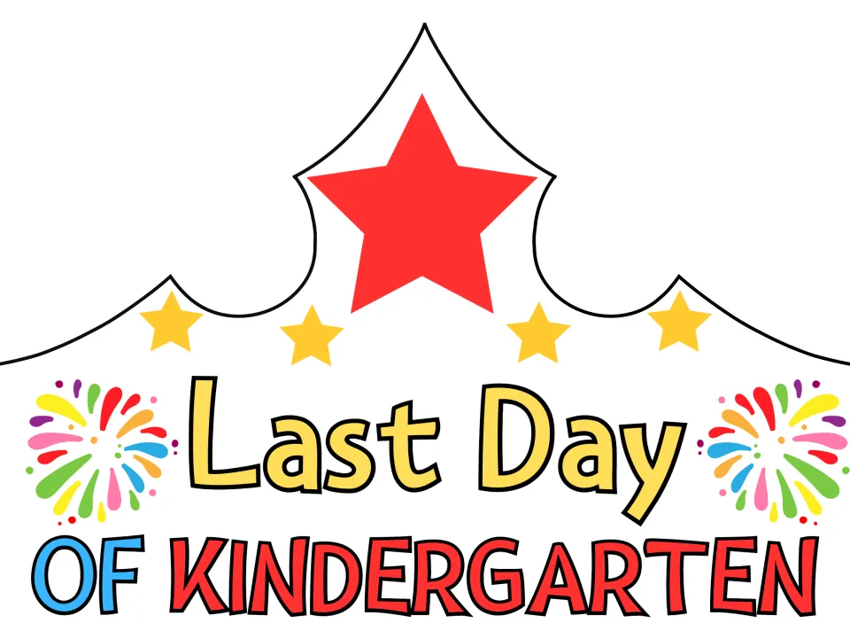 Last Day of Kindergarten crown in color: a red star, gold stars and rainbow fireworks on a crown students cut out