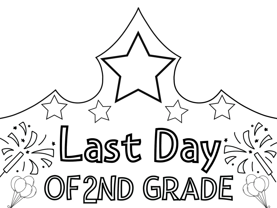 Last Day of 2nd Grade crown to color: students color outlined letters, stars, sparklers and balloons, then cut it out