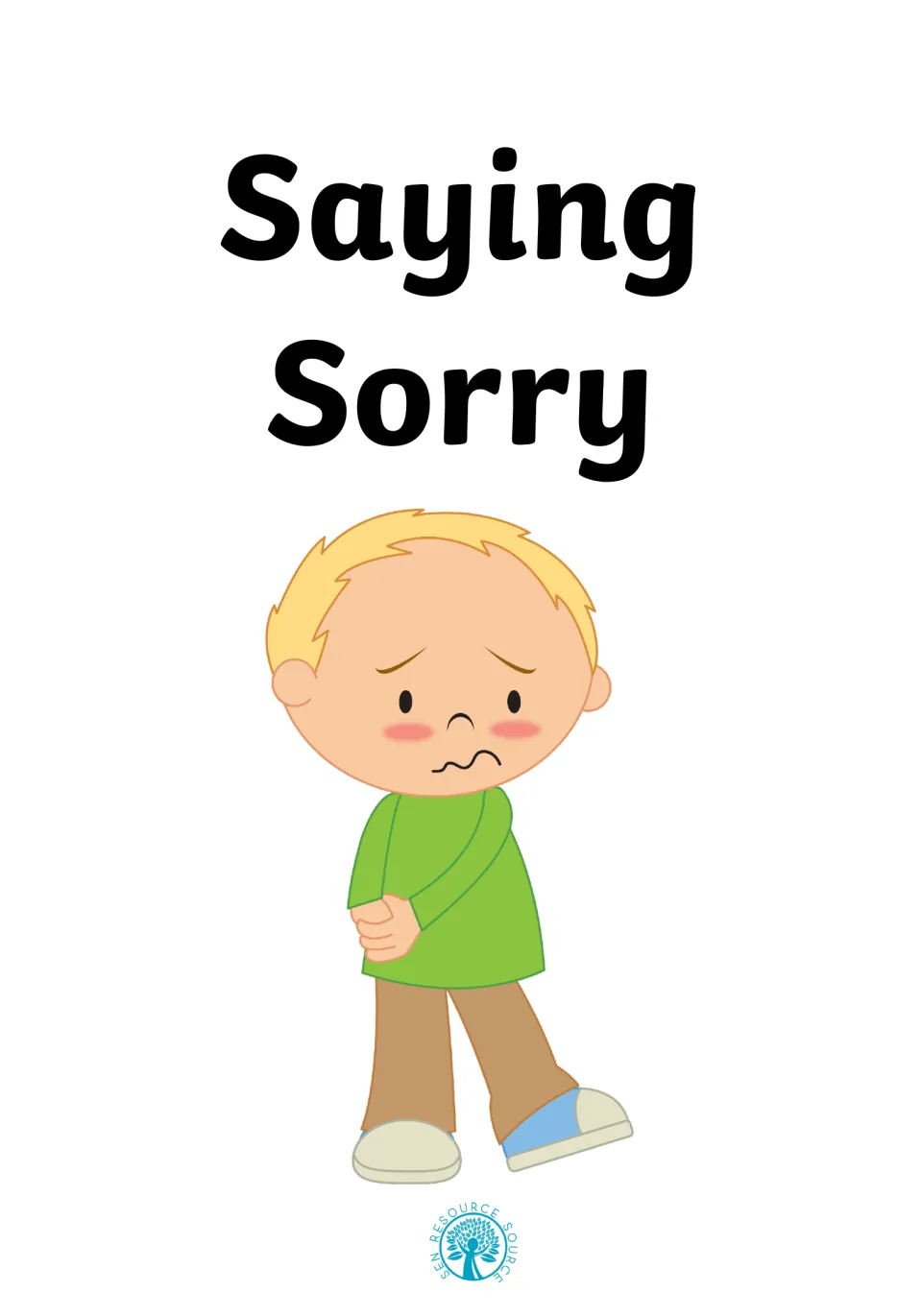 Social story cover titled 'Saying Sorry' shows a child frowning and clasping his hands in front of him.