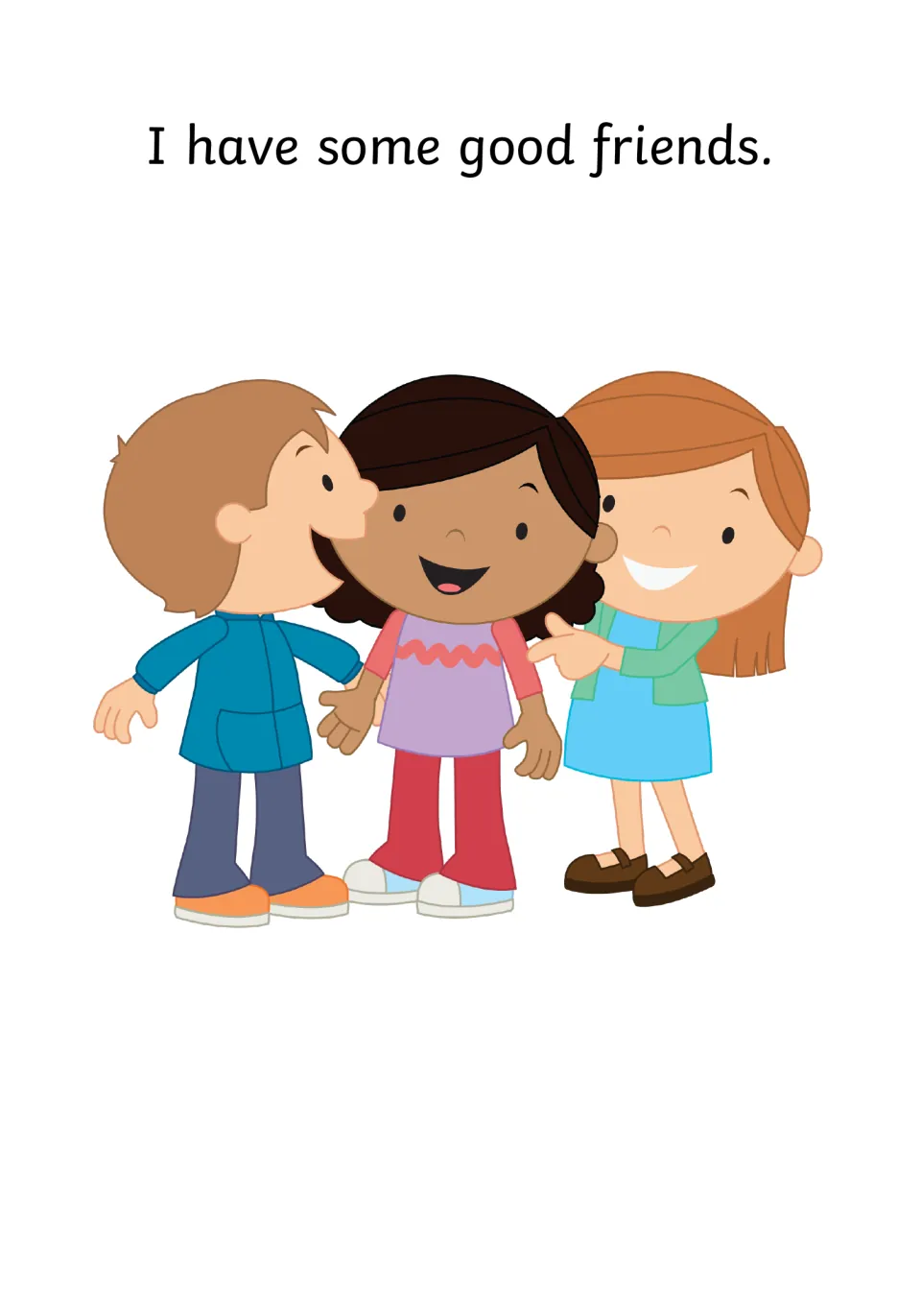 Social story page 2 introduces friendship with 'I have some good friends' and three smiling children.