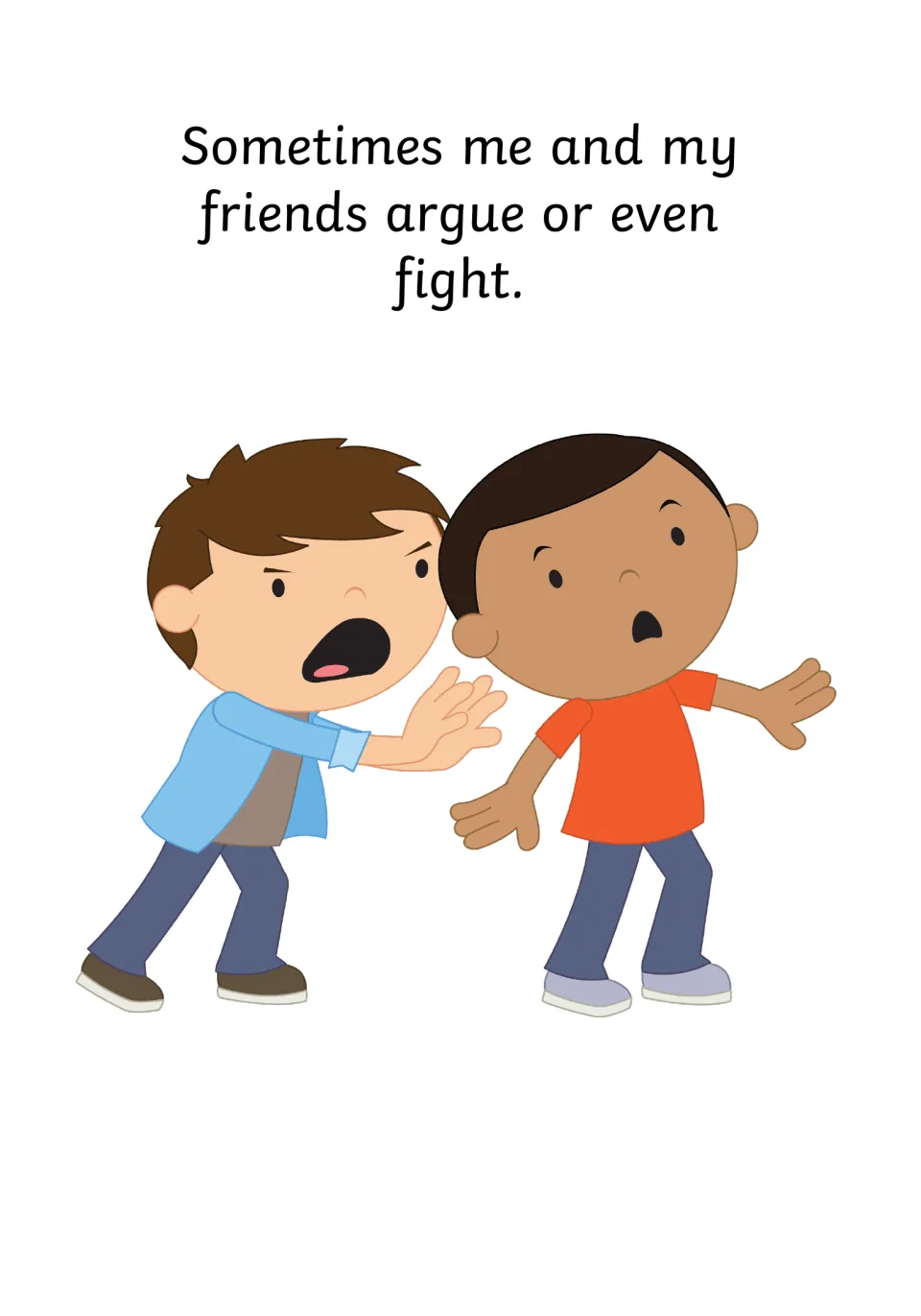 Social story page 3 says friends sometimes argue or fight, illustrated by one child pushing another.