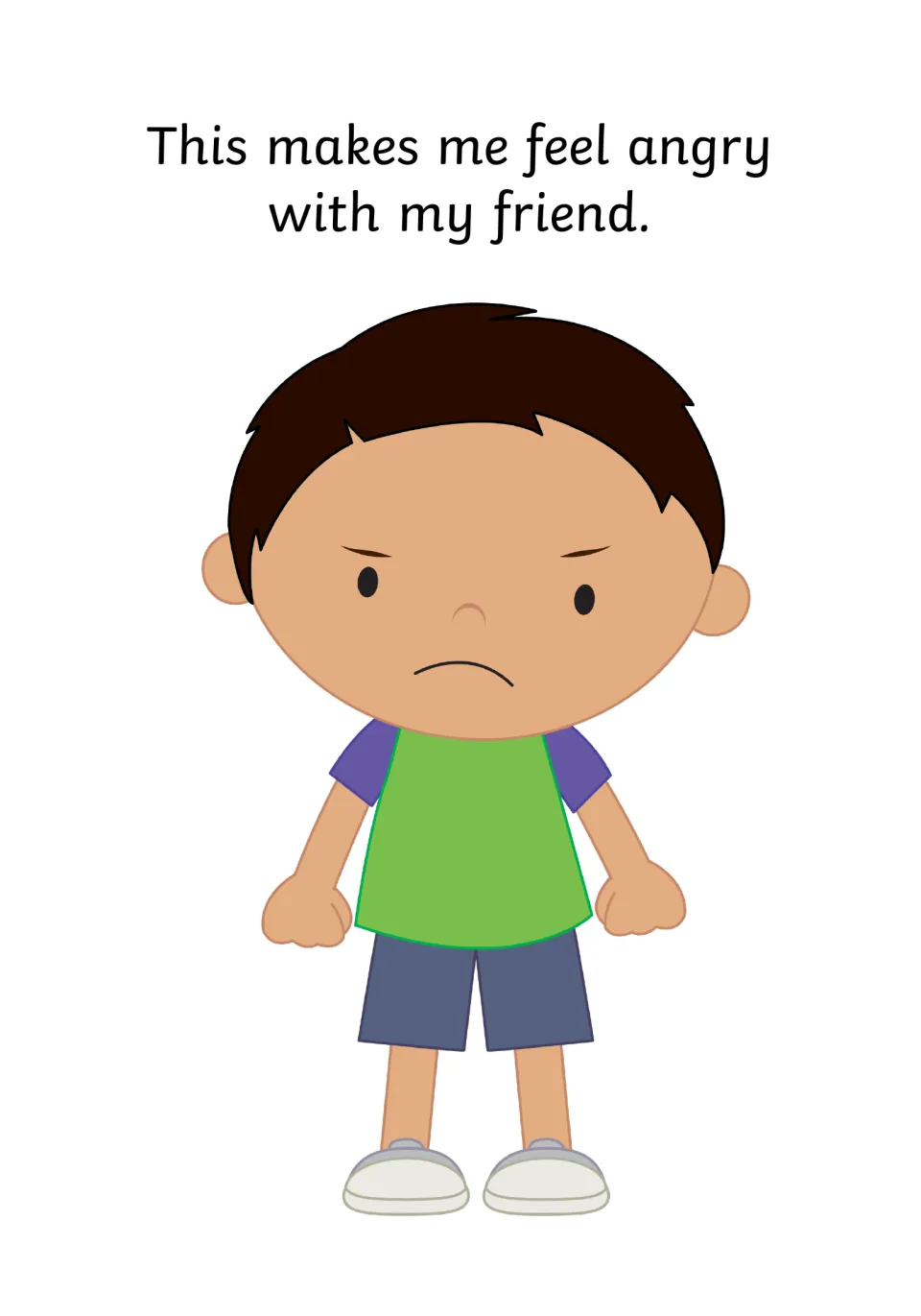 Social story page 4 reads 'This makes me feel angry with my friend' and shows a child with clenched fists.