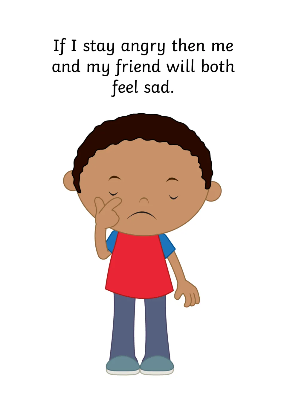 Social story page 5 explains that staying angry will leave both friends feeling sad, beside a sad child.