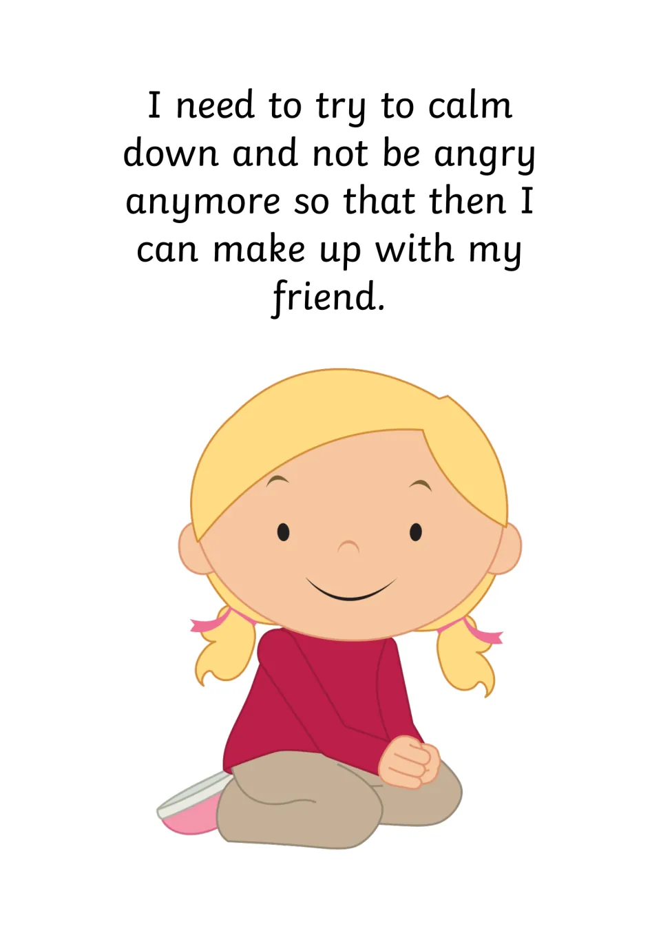 Social story page 6 describes trying to calm down before making up with a friend and shows a seated child.