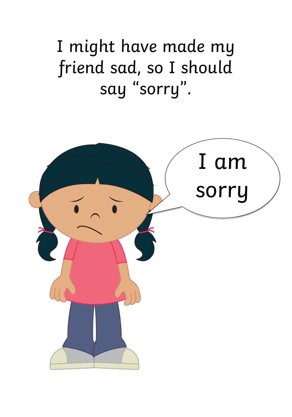 Social story page 7 says the narrator might have made a friend sad; a child says 'I am sorry' in a speech bubble.