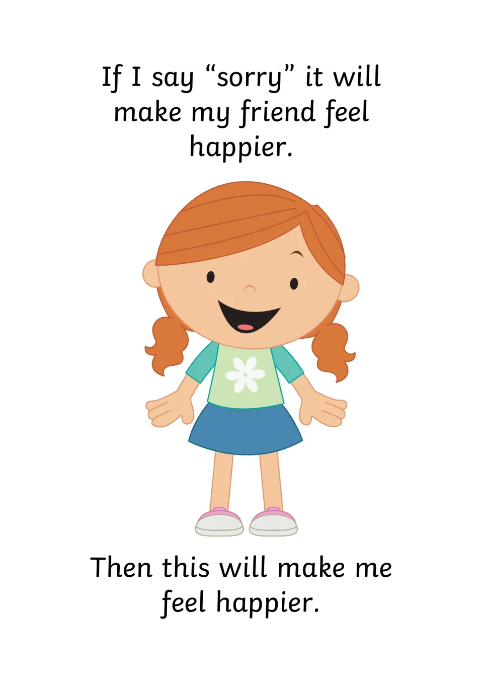 Social story page 8 says an apology will make the friend and narrator feel happier, beside a smiling child.
