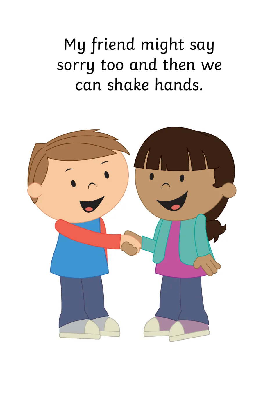 Social story page 9 says the friend might apologize too, then they can shake hands; two children shake hands.