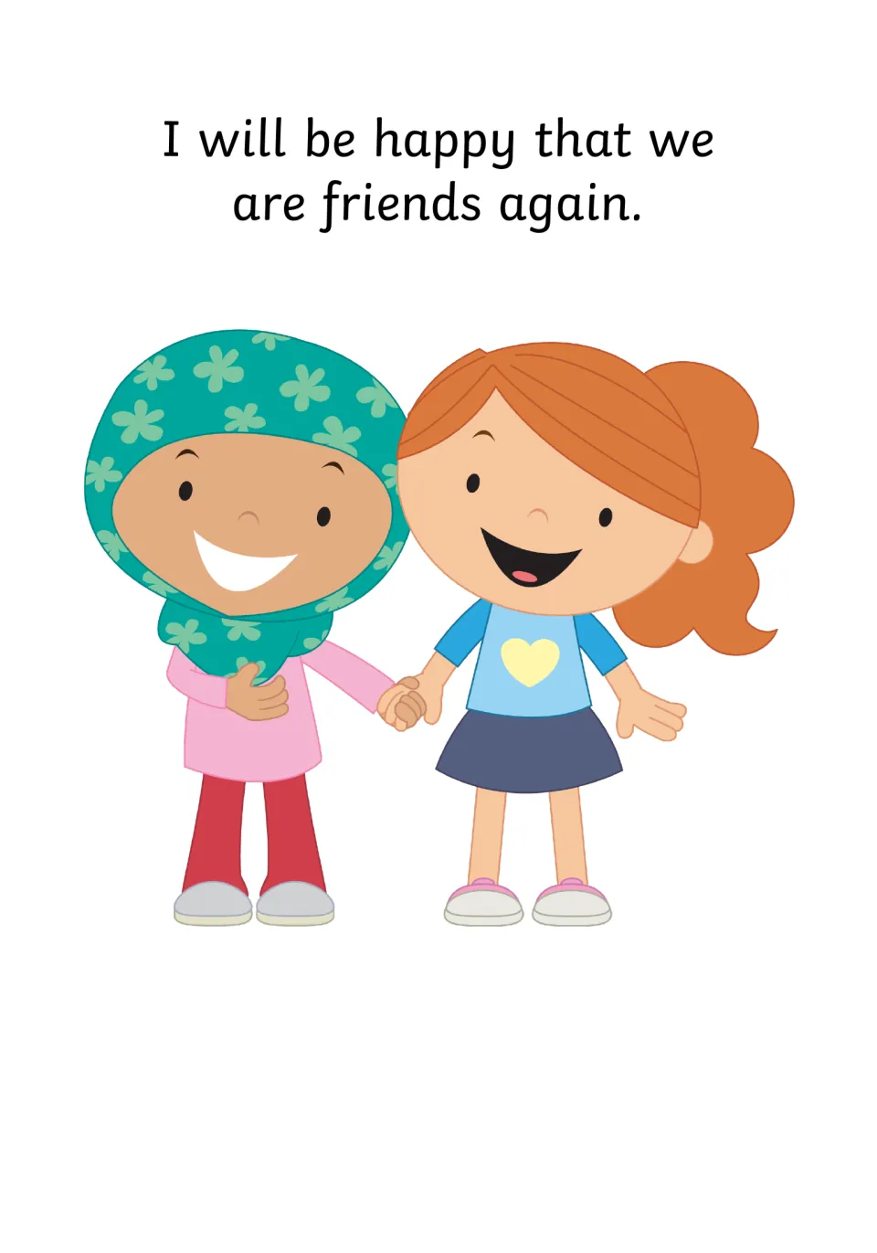 Social story page 10 ends with 'I will be happy that we are friends again' and two children holding hands.
