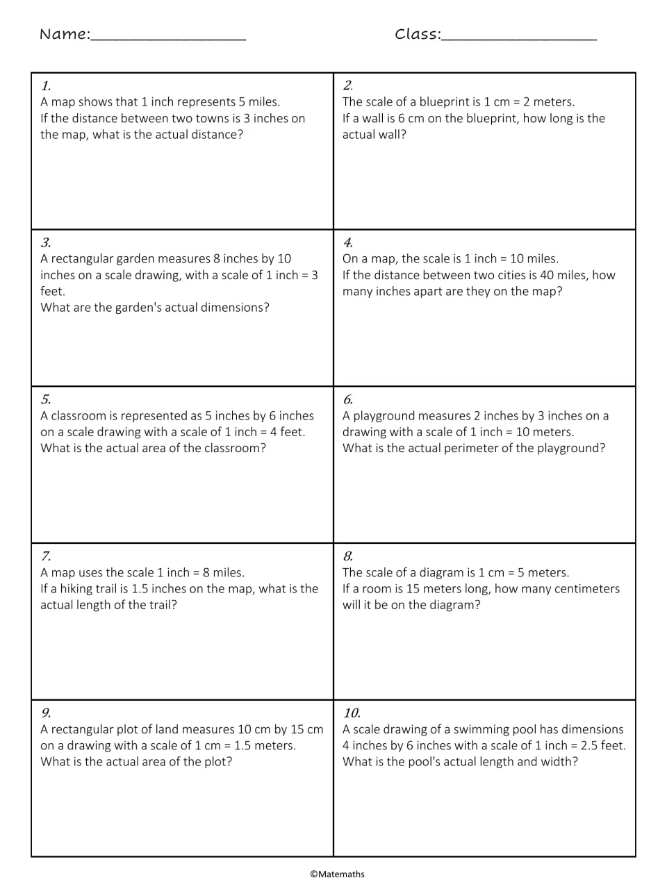 Scale drawing word problems 1-10: students use map, blueprint and diagram scales to find actual distances, areas, perimeters