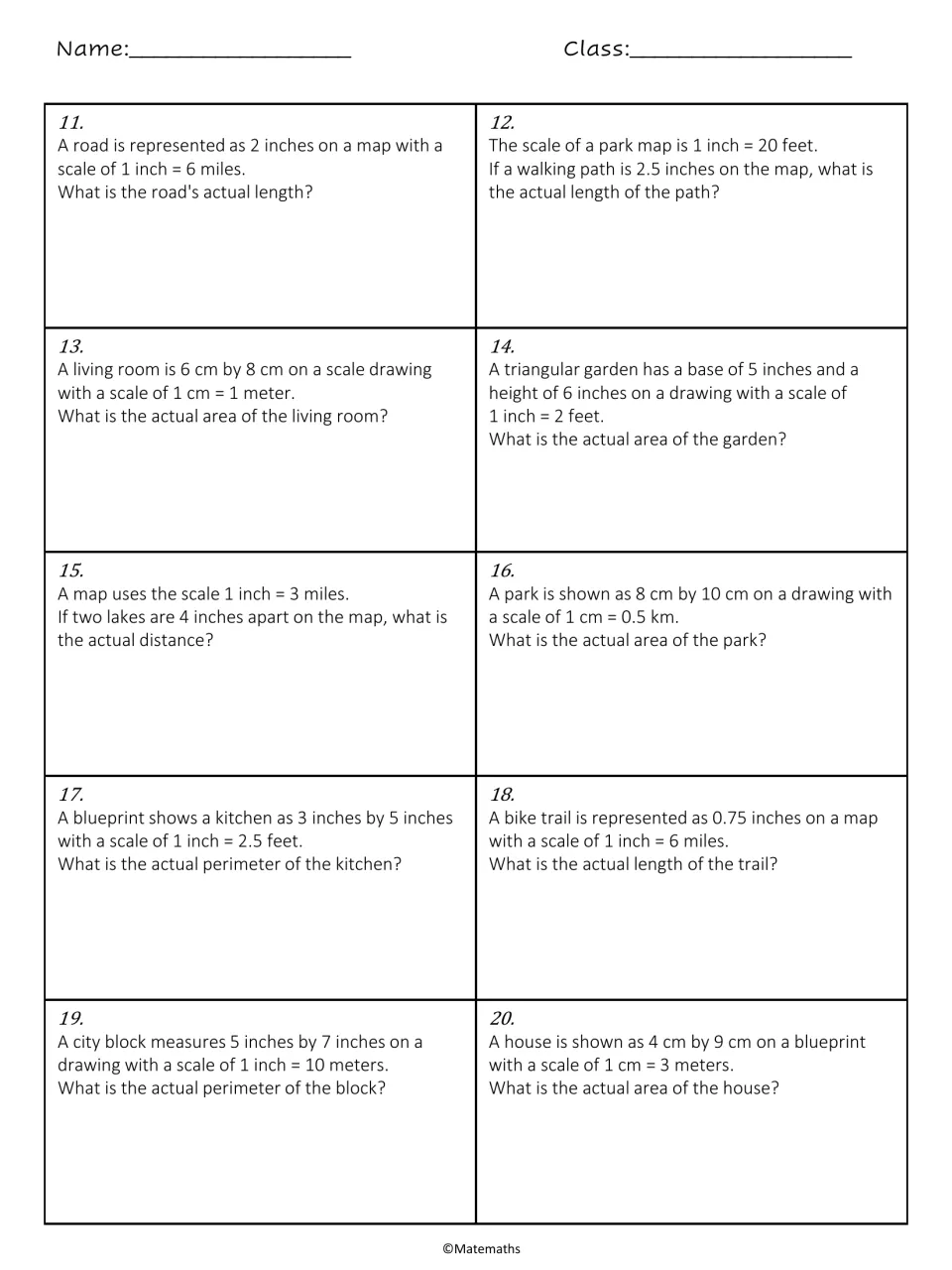 Scale problems 11-20: students convert map and blueprint lengths for roads, rooms, parks, a triangular garden to real size
