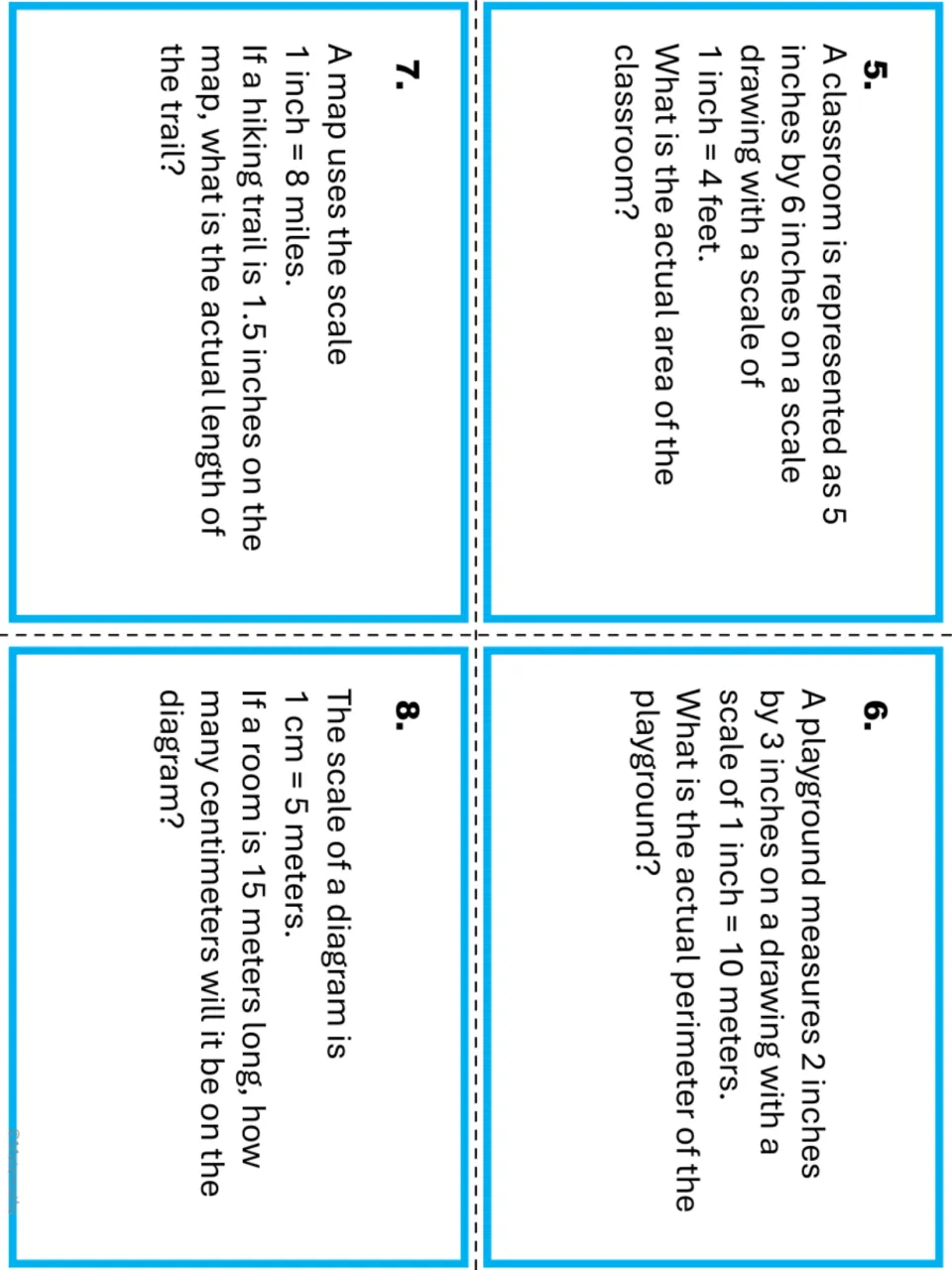 Scale task cards 5-8: students find a classroom's area, a playground's perimeter, a trail length and a room's diagram length
