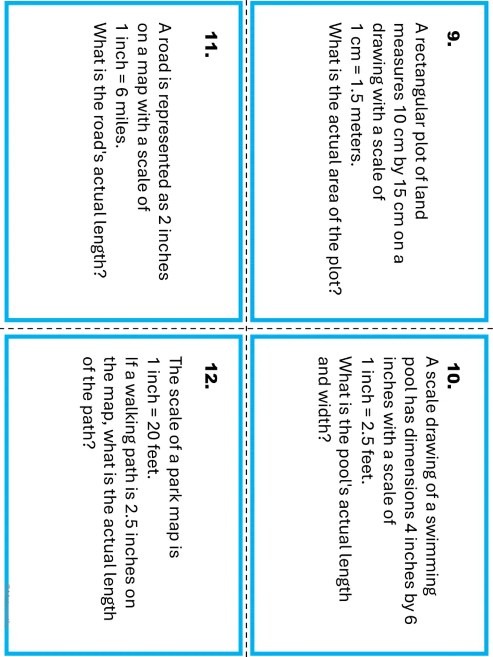 Scale task cards 9-12: students find a land plot's area, a pool's length and width, and the real lengths of a road and path