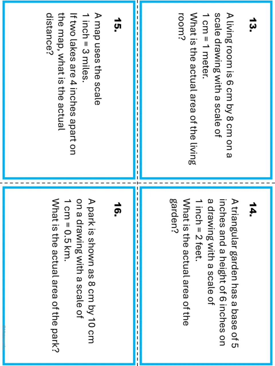 Scale task cards 13-16: students find the areas of a living room, triangular garden and park, and the gap between two lakes