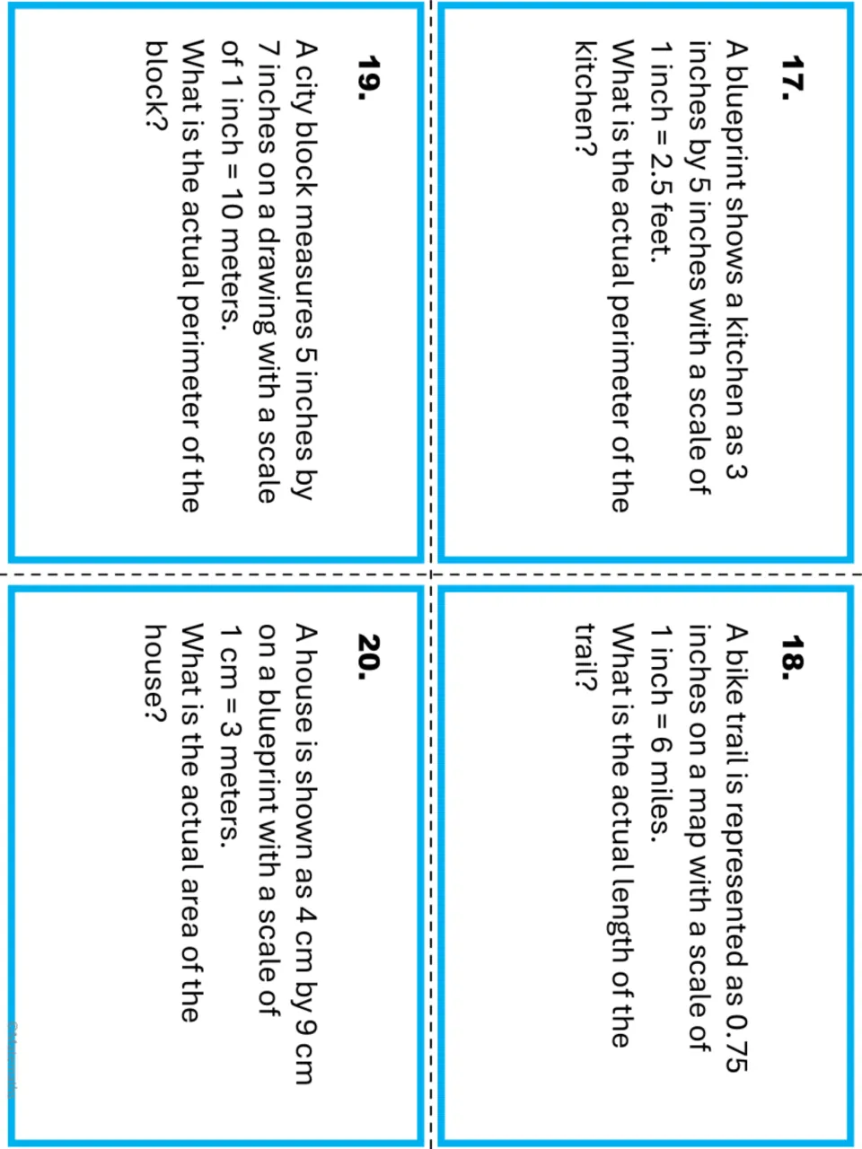 Scale task cards 17-20: students find a kitchen's and city block's perimeter, a bike trail's length and a house's area