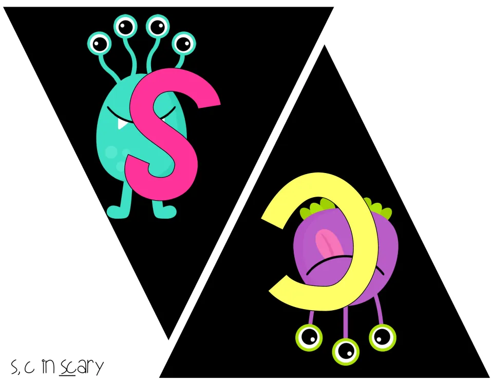 Banner letters S and C for the word scary: pink S over a teal four-eyed creature, yellow C on an upside-down purple one