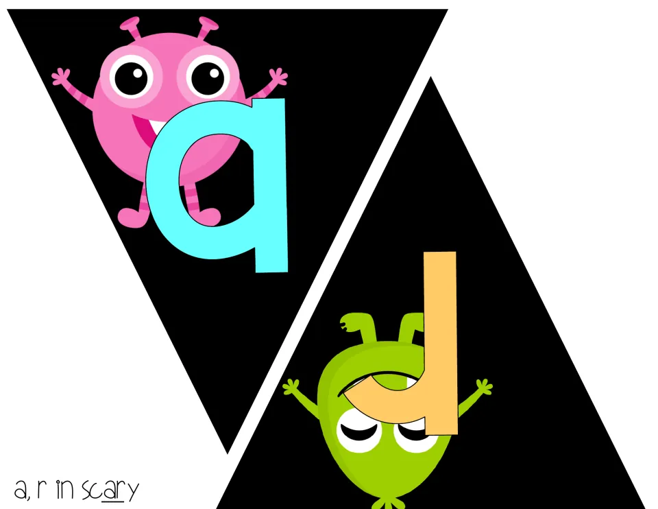 Pennant cut-outs for letters A and R in scary: blue A over a pink monster, upside-down orange R on a lime-green creature