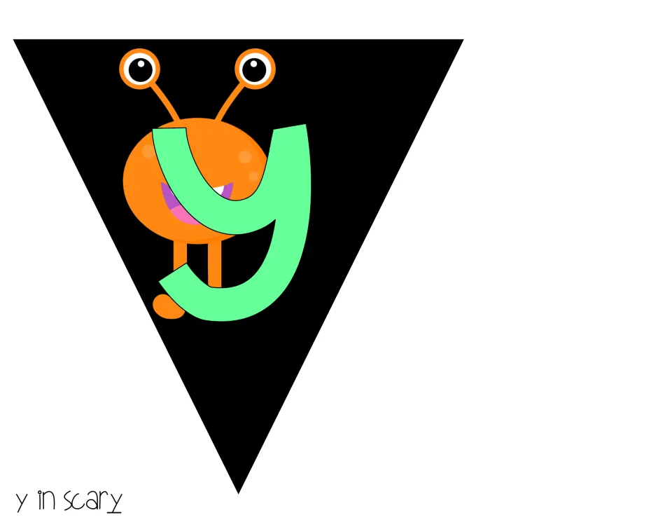 Final pennant for the word scary: green lowercase y covering an orange monster with eyes on long stalks
