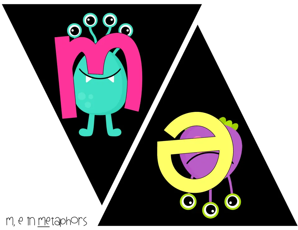 Metaphors banner starts with M and E: pink M over a teal creature with four eye stalks, yellow E on an inverted purple one