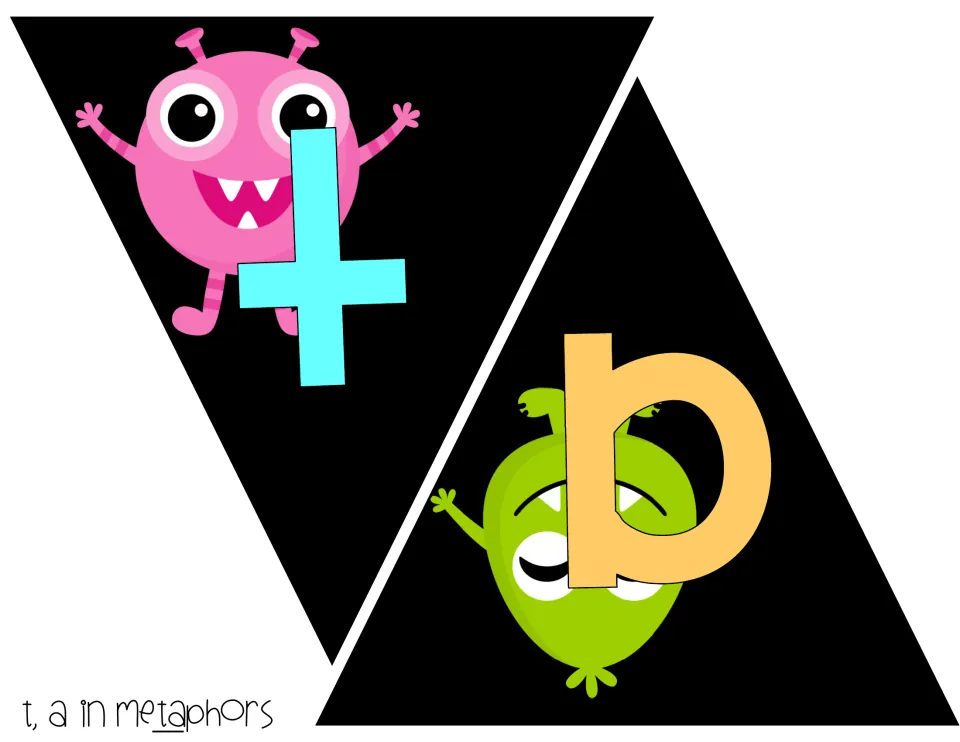 Letters T and A for metaphors: blue T in front of a pink grinning monster, orange A upside down over a green creature