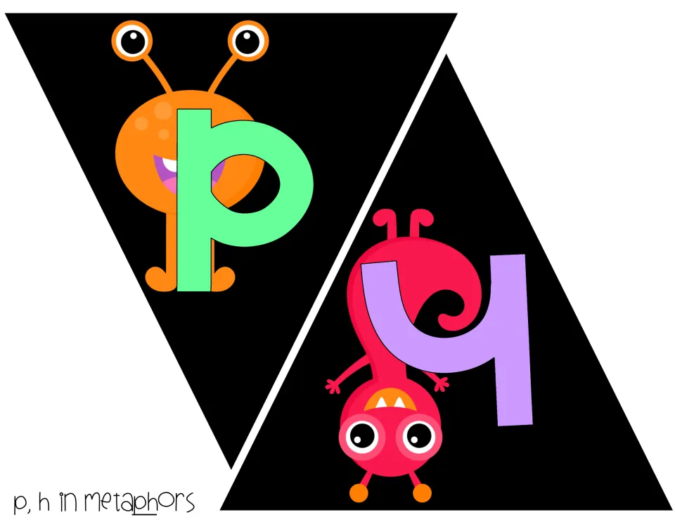 P and H pennants in metaphors: green P on an orange stalk-eyed monster, lavender H over a red creature hanging upside down