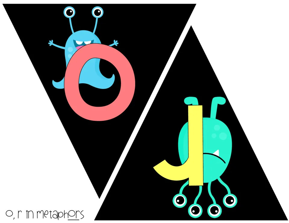 O and R cut-outs for metaphors: coral O over a blue waving monster, flipped yellow R on a teal creature with eye stalks