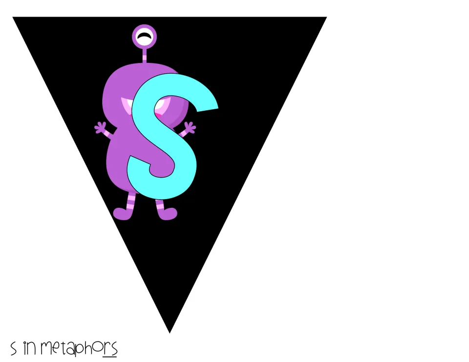 Closing S of metaphors: a single blue letter over a purple one-eyed monster with striped arms and legs