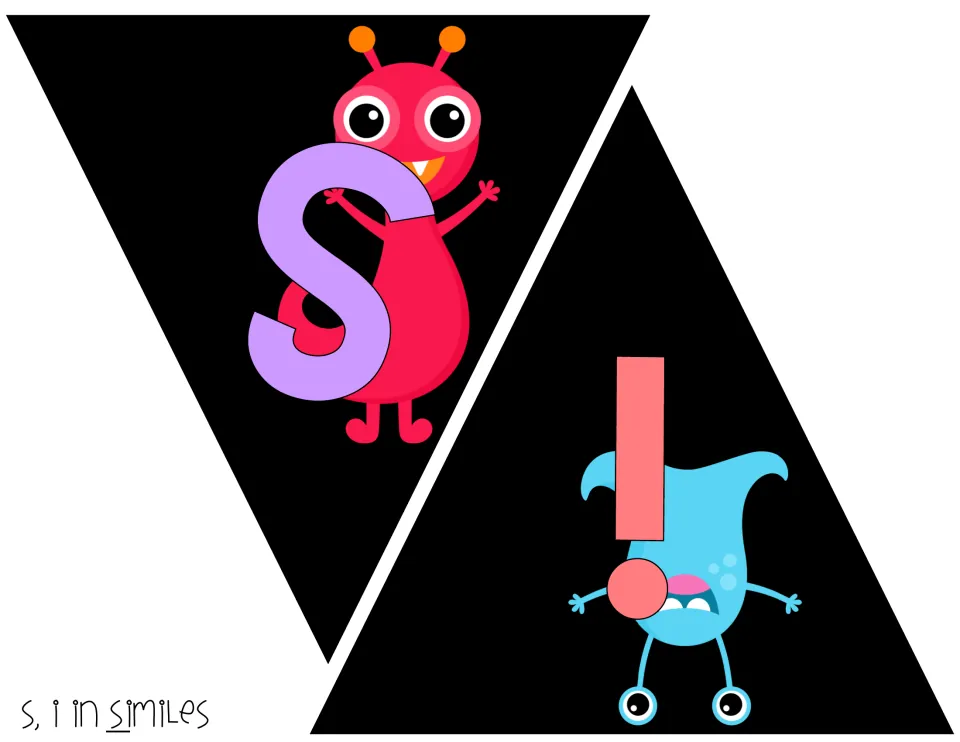 Similes word begins: purple S over a red antenna monster and a coral I, upside down, on a blue creature